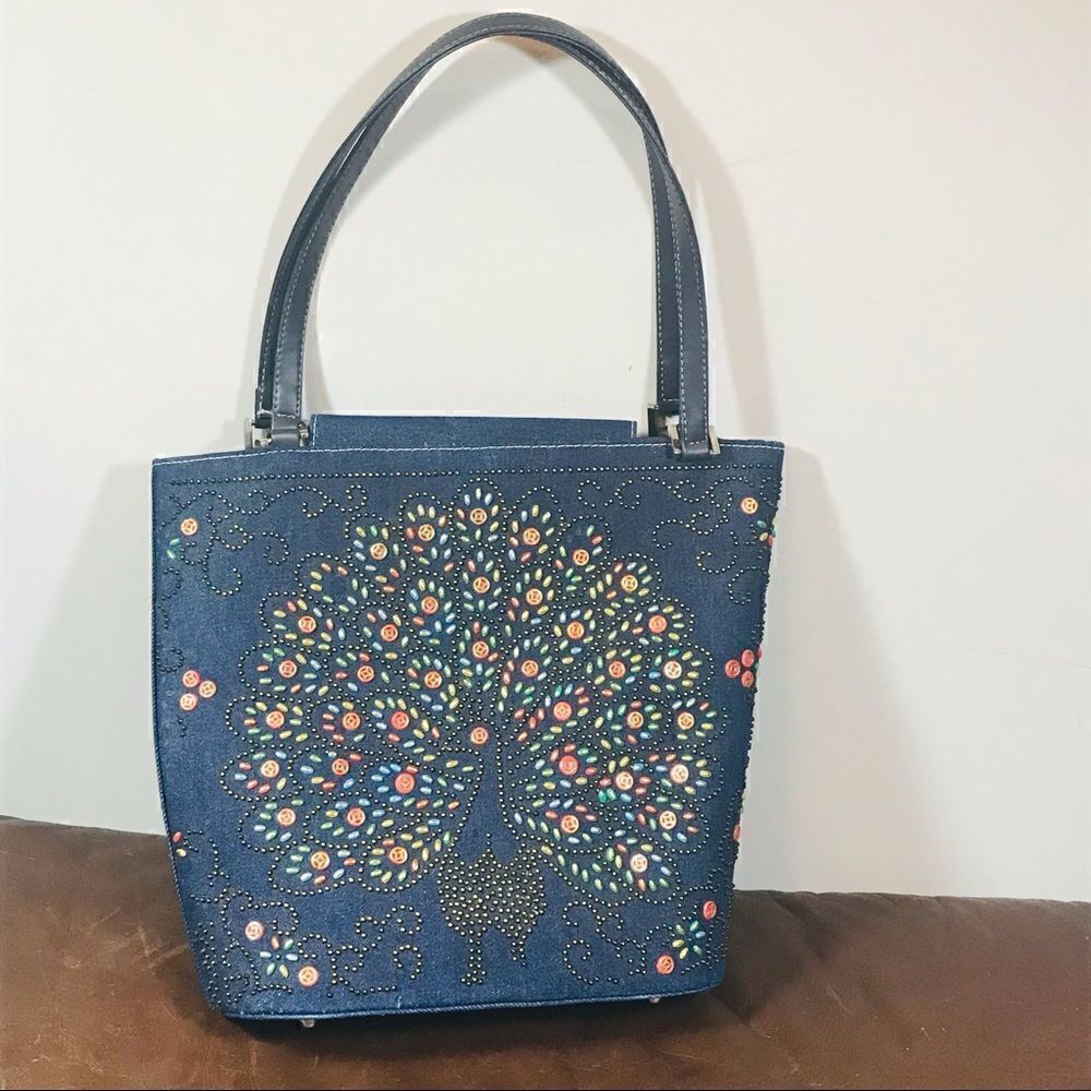✅ Vintage Beaded Peacock Denim Tote
